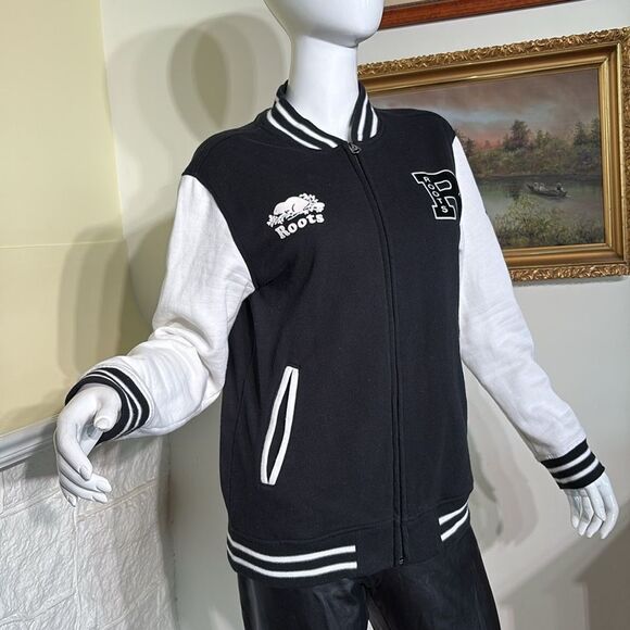 Roots Varsity Jacket Black & White Cotton Jersey Made in Canada - Picture 9 of 14